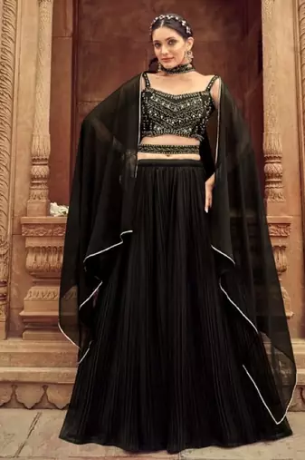 Black Georgette Semi Stitched Lehenga Choli with Hand Work