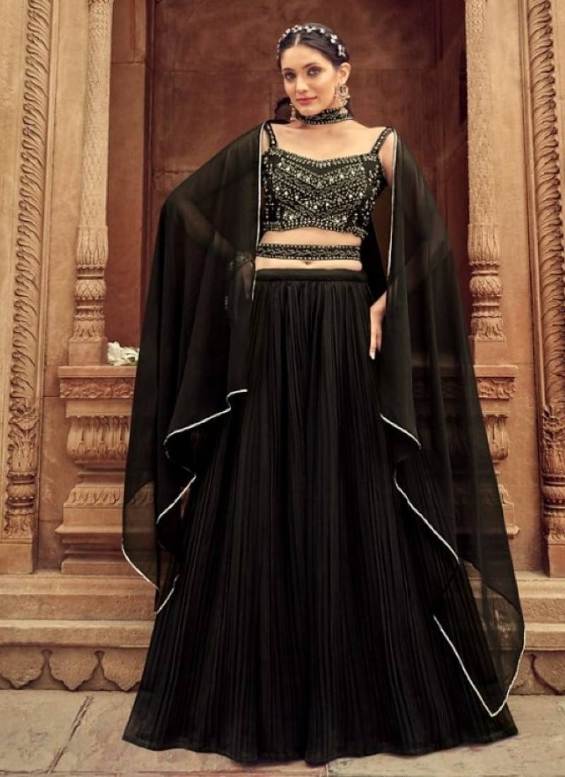 Black Georgette Semi Stitched Lehenga Choli with Hand Work