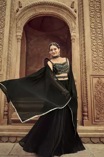 Black Georgette Semi Stitched Lehenga Choli with Hand Work