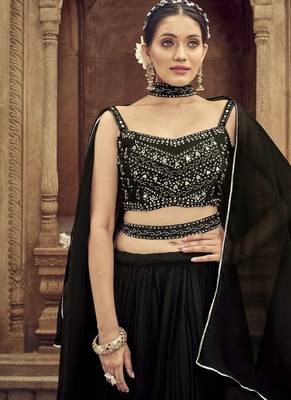 Black Georgette Semi Stitched Lehenga Choli with Hand Work 3
