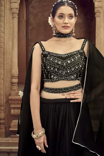 Black Georgette Semi Stitched Lehenga Choli with Hand Work