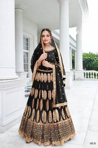 Black Georgette Semi Stitched Lehenga Choli with Sequence & Thread Work