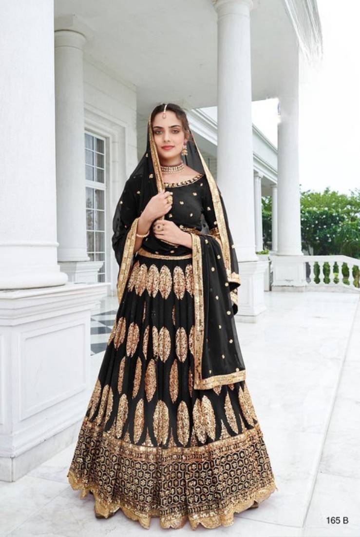 Black Georgette Semi Stitched Lehenga Choli with Sequence & Thread Work
