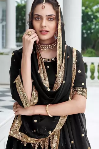 Black Georgette Semi Stitched Lehenga Choli with Sequence & Thread Work