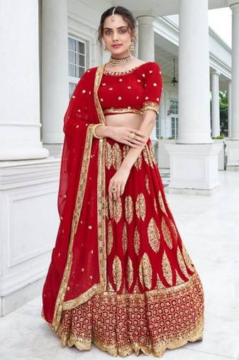 Red Georgette Semi Stitched Lehenga Choli with Sequence & Thread Work