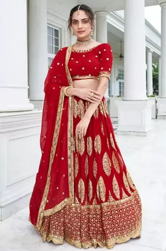 Red Georgette Semi Stitched Lehenga Choli with Sequence & Thread Work