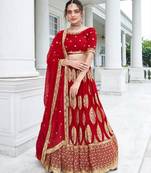 Red Georgette Semi Stitched Lehenga Choli with Sequence & Thread Work