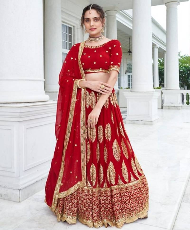 Red Georgette Semi Stitched Lehenga Choli with Sequence & Thread Work