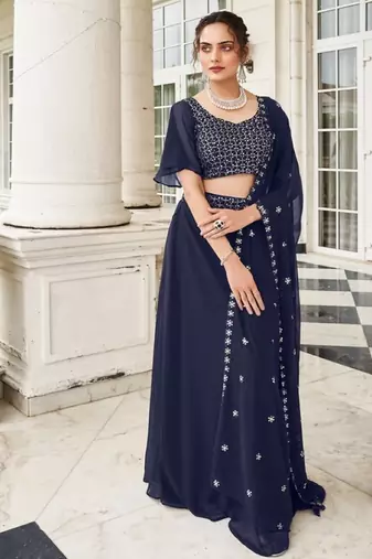 Navy Georgette Semi Stitched Lehenga Choli with Sequence & Thread Work