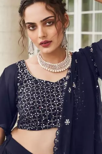 Navy Georgette Semi Stitched Lehenga Choli with Sequence & Thread Work