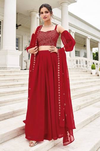 Red Georgette Semi Stitched Lehenga Choli with Sequence & Thread Work