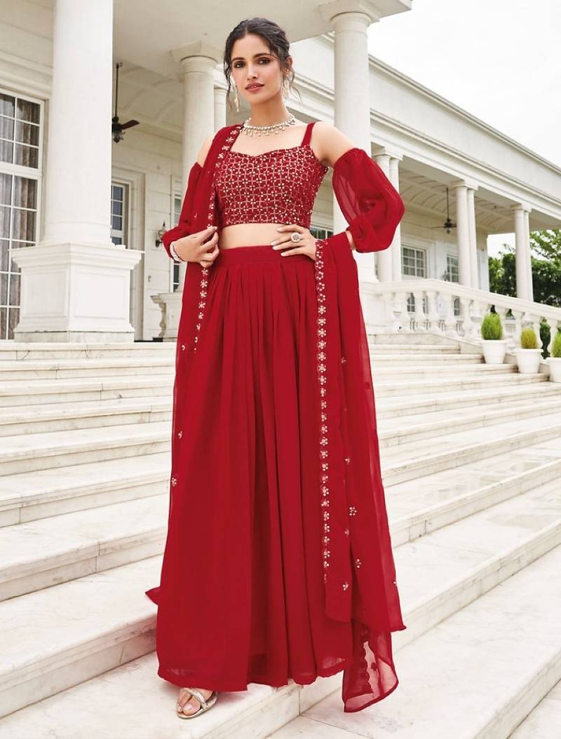 Red Georgette Semi Stitched Lehenga Choli with Sequence & Thread Work
