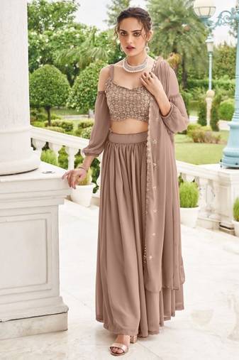 Chiku Georgette Semi Stitched Lehenga Choli with Sequence & Thread Work