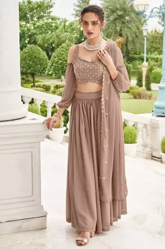 Chiku Georgette Semi Stitched Lehenga Choli with Sequence & Thread Work