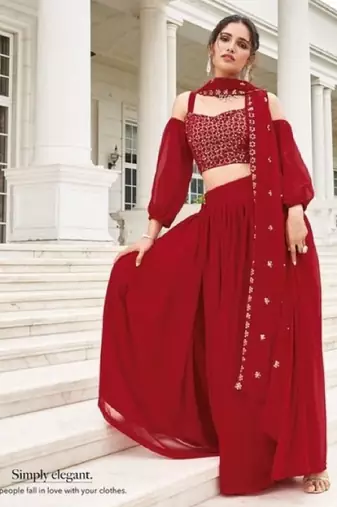 Red Georgette Semi Stitched Lehenga Choli with Sequence & Thread Work