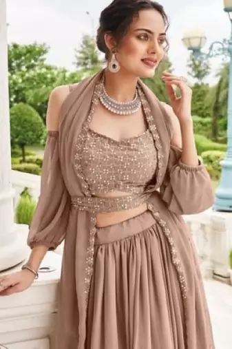 Chiku Georgette Semi Stitched Lehenga Choli with Sequence & Thread Work