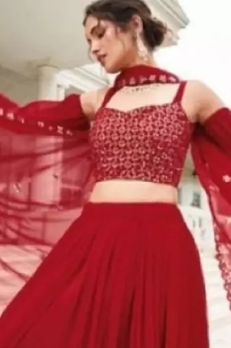 Red Georgette Semi Stitched Lehenga Choli with Sequence & Thread Work