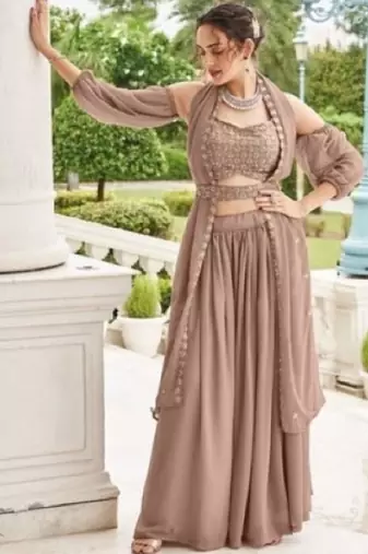 Chiku Georgette Semi Stitched Lehenga Choli with Sequence & Thread Work