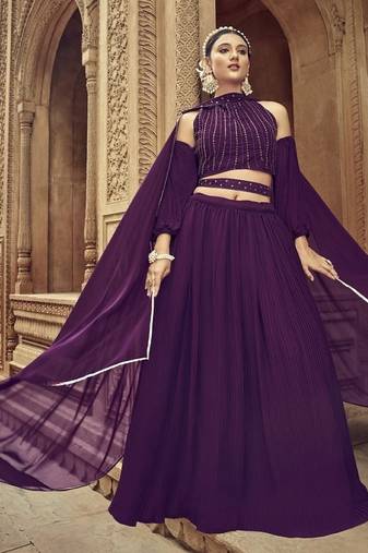 Purple Georgette Semi Stitched Lehenga Choli with Hand Work