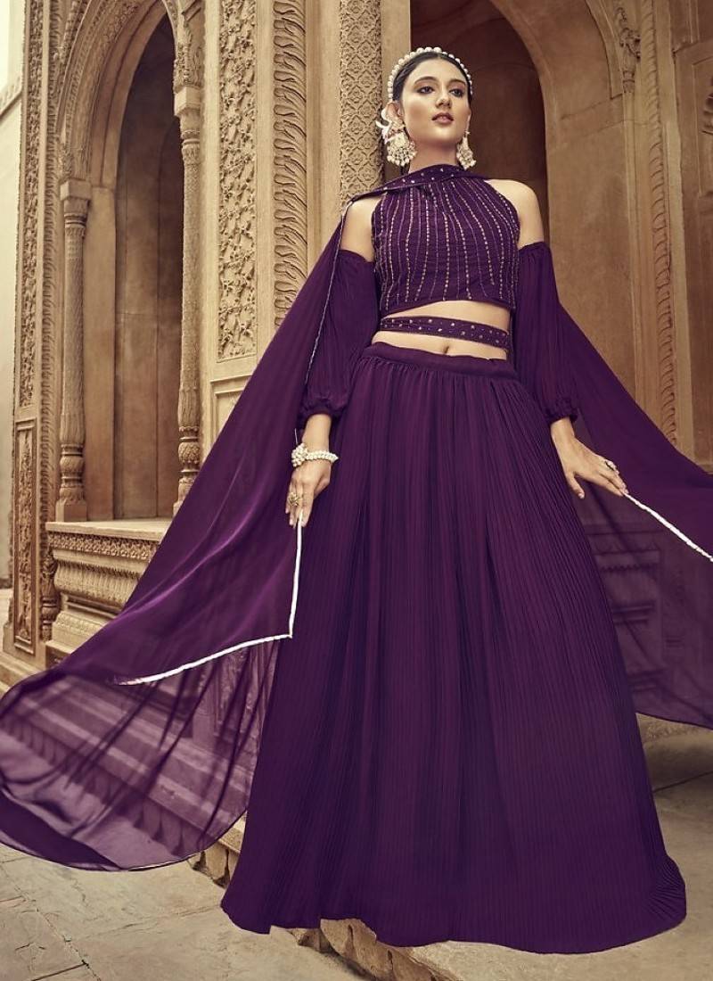 Purple Georgette Semi Stitched Lehenga Choli with Hand Work