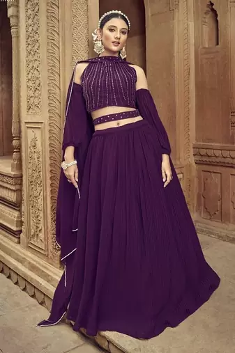 Purple Georgette Semi Stitched Lehenga Choli with Hand Work