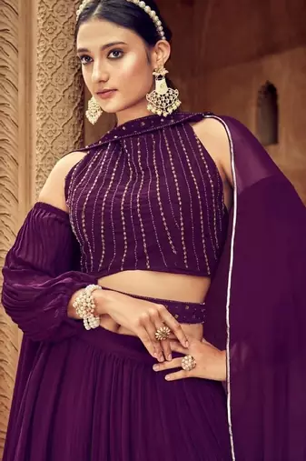 Purple Georgette Semi Stitched Lehenga Choli with Hand Work