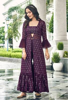 Purple georgette free size stitched shrug suit with sequin thread  1