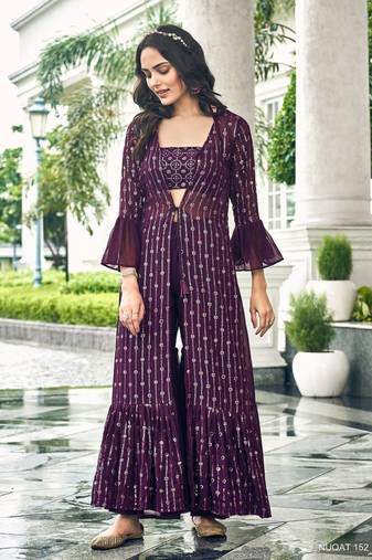 Purple georgette free size stitched shrug suit with sequence thread work