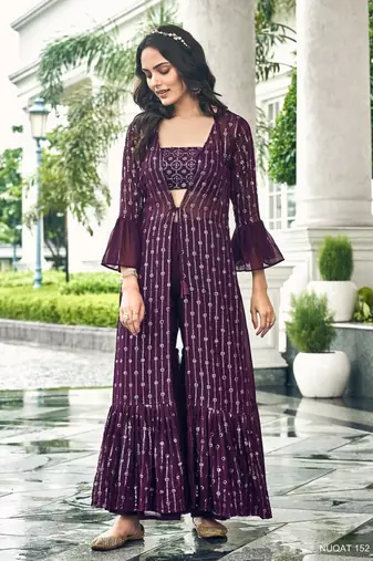 Purple georgette free size stitched shrug suit with sequence thread work
