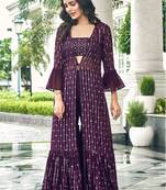 Purple georgette free size stitched shrug suit with sequence thread work