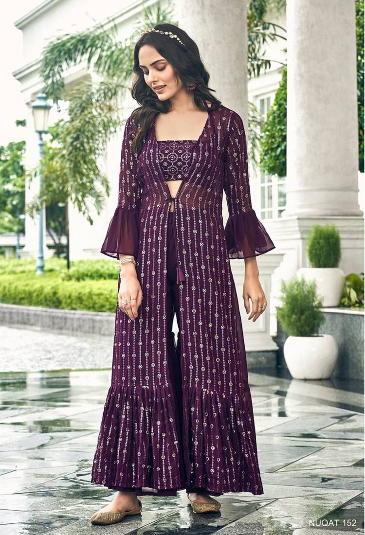 Purple georgette free size stitched shrug suit with sequence thread work