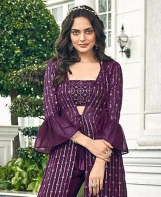Purple georgette free size stitched shrug suit with sequin thread  2