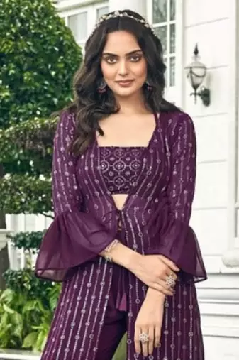 Purple georgette free size stitched shrug suit with sequin thread 