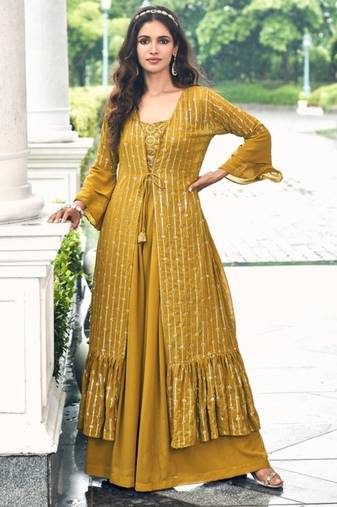 mustard georgette shrug suit - full stitched free size