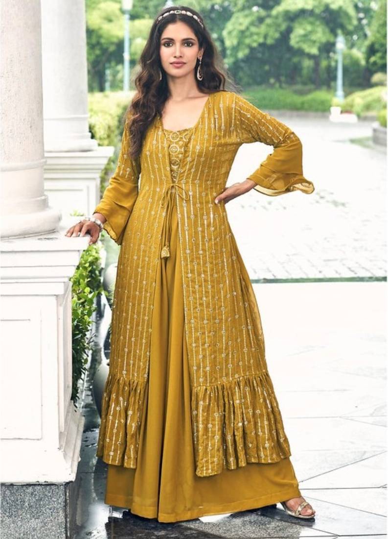 mustard georgette shrug suit - full stitched free size