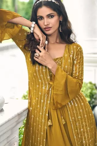 mustard georgette shrug suit - full stitched free size