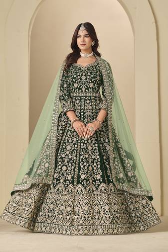 Velvet embroidered dark green engagement wear anarkali suit