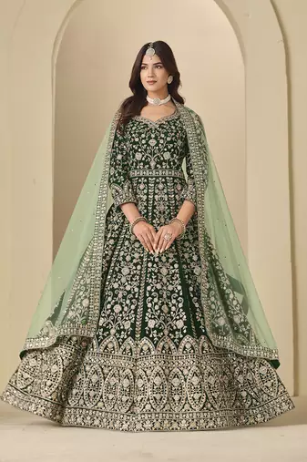 Velvet embroidered dark green engagement wear anarkali suit