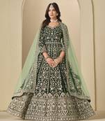 Velvet embroidered dark green engagement wear anarkali suit
