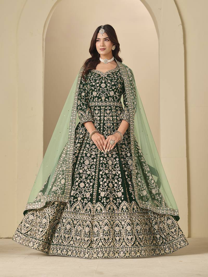 Velvet embroidered dark green engagement wear anarkali suit
