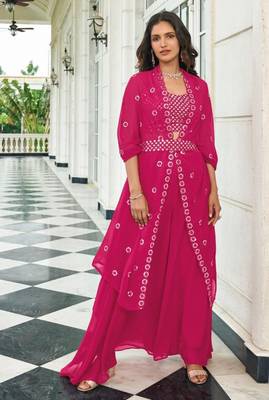 Red georgette free size stitched shrug suit with sequin thread  1