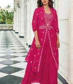 Red georgette free size stitched shrug suit with sequence thread work