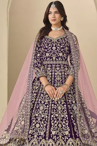 Velvet embroidered purple engagement wear anarkali suit