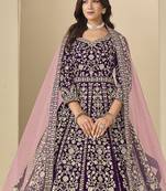 Velvet embroidered purple engagement wear anarkali suit
