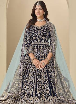 Velvet embroidered navy blue engagement wear anarkali suit 1