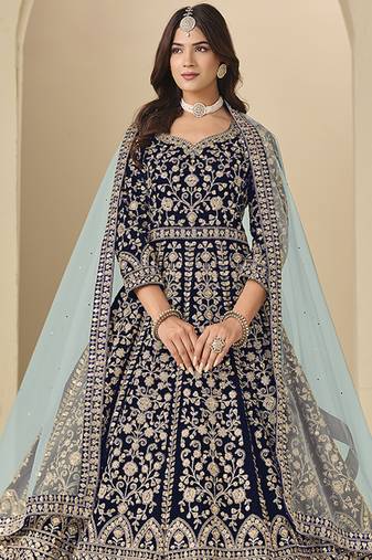 Velvet embroidered navy blue engagement wear anarkali suit