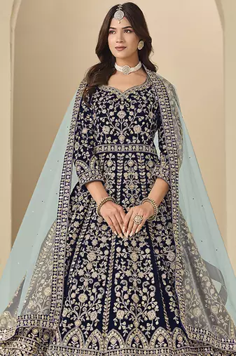 Velvet embroidered navy blue engagement wear anarkali suit