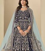 Velvet embroidered navy blue engagement wear anarkali suit