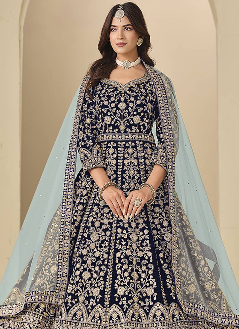 Velvet embroidered navy blue engagement wear anarkali suit