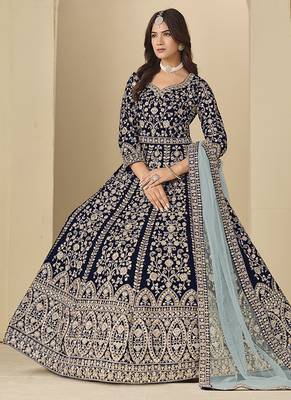 Velvet embroidered navy blue engagement wear anarkali suit 2